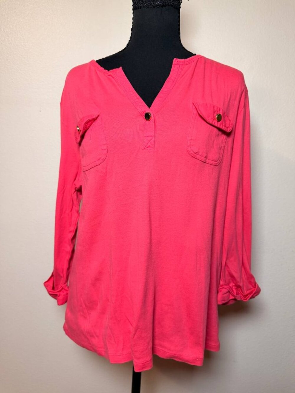 Charter Club 100% Pima Cotton Coral Pink Split Neck Top Gold Buttons Preppy XL
